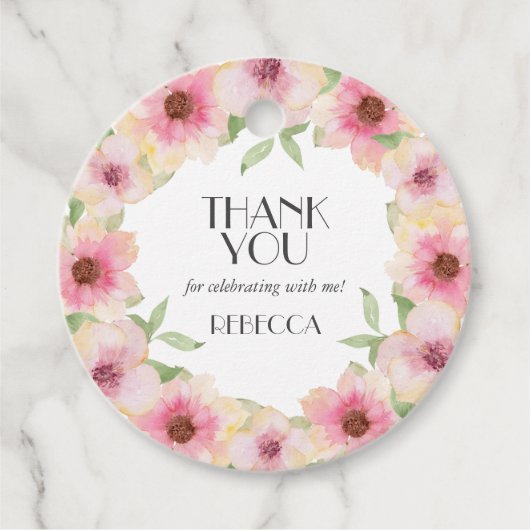 水彩ピンクの花 謝謝タグ 景品 フェイバータグ (正面)