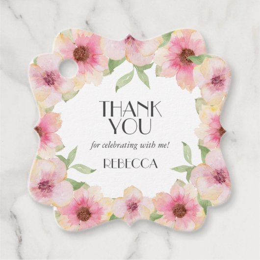 水彩ピンクの花 謝謝 フェイバータグ (正面)