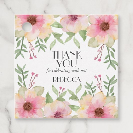 水彩ピンクの花 謝謝 フェイバータグ (正面)