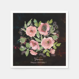 水彩ピンクの花 on ブラック スタンダードカクテルナプキン