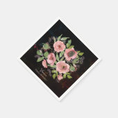 水彩ピンクの花 on ブラック スタンダードカクテルナプキン (角)