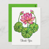 水彩ピンクの蓮の花(ハスの花)with芽と葉 ポストカード (正面/裏面)