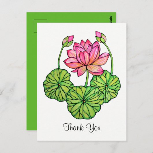 水彩ピンクの蓮の花(ハスの花)with芽と葉 ポストカード (正面/裏面)
