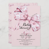 水彩ピンクの蝶リボン ベビーシャワー招待状 招待状 (正面/裏面)