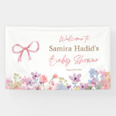 水彩ピンクの蝶リボン 花の女の子 ベビーシャワー 横断幕 (横)