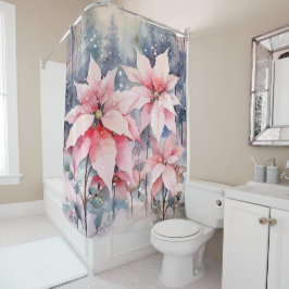 水彩ピンクの雪のポインセチア花 シャワーカーテン