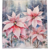 水彩ピンクの雪のポインセチア花 シャワーカーテン (正面)