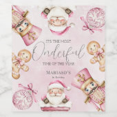 水彩ピンクの雪1st誕生日クリスマス ワインラベル (シングルラベル)