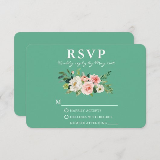 水彩ピンクの頬染め フローラル エレガント ネオミント 出欠カード (正面/裏面)