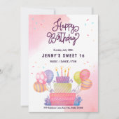 水彩ピンクの風船 スイート16の誕生日 招待状 (正面)