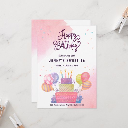水彩ピンクの風船 スイート16の誕生日 招待状 (正面/裏面インサイチュ)