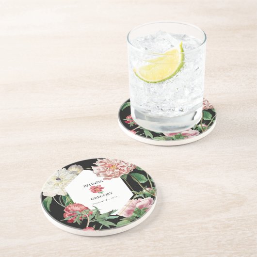 水彩ピンクの黒い牡丹結婚の花 コースター (側面)