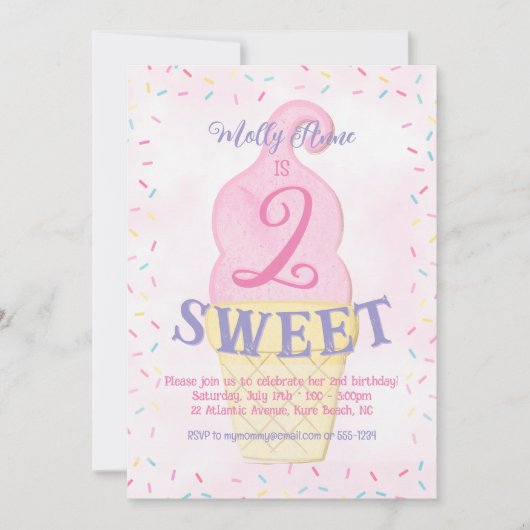 水彩ピンクアイスクリームコーン2nd誕生日ガール 招待状 (正面)