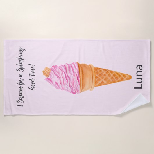 水彩ピンクアイスクリームパーソナライズされた ビーチタオル (正面)