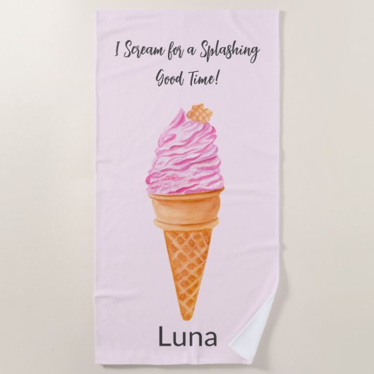 水彩ピンクアイスクリームパーソナライズされた ビーチタオル (正面)