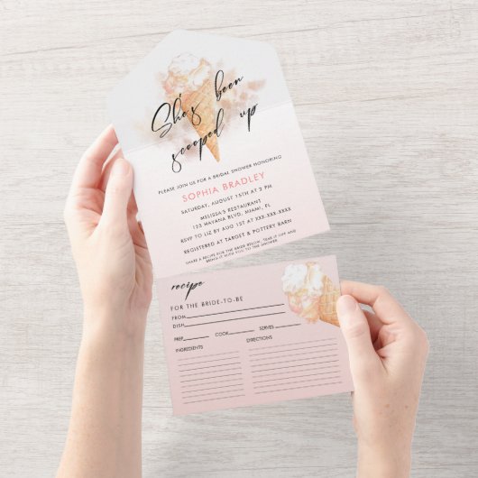 水彩ピンクアイスクリームブライダルシャワー招待 オールインワン招待状 (貼ってはがせる)