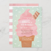 水彩ピンクアイスクリーム子供の誕生日パーティー 招待状 (正面/裏面)