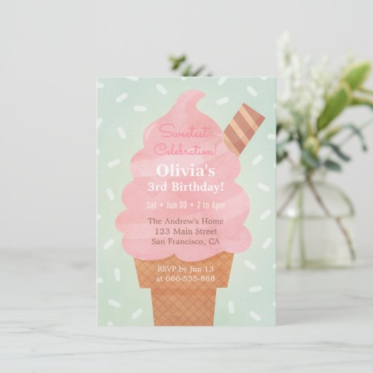 水彩ピンクアイスクリーム子供の誕生日パーティー 招待状 (スタンド正面)