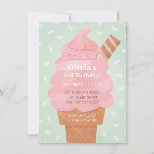 水彩ピンクアイスクリーム子供の誕生日パーティー 招待状 (正面)