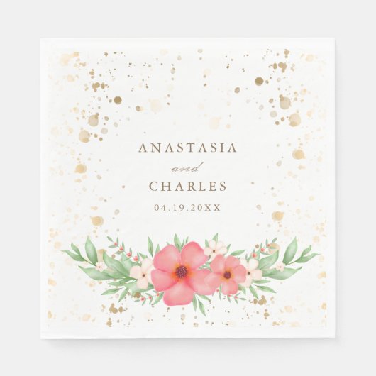 水彩ピンクアイボリー緑のフローラ金ゴールド斑点 スタンダードランチョンナプキン (正面)