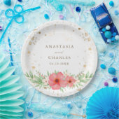 水彩ピンクアイボリー緑のフローラ金ゴールド斑点 ペーパープレート (パーティー)