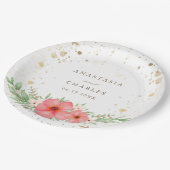 水彩ピンクアイボリー緑のフローラ金ゴールド斑点 ペーパープレート (アングル)