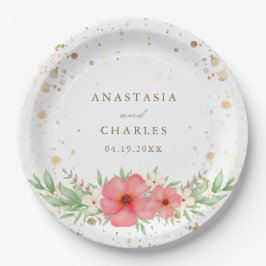 水彩ピンクアイボリー緑のフローラ金ゴールド斑点 ペーパープレート