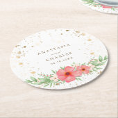 水彩ピンクアイボリー緑のフローラ金ゴールド斑点 ラウンドペーパーコースター (アングル)