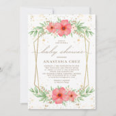水彩ピンクアイボリー緑フローラ赤ちゃんシャワー 招待状 (正面)