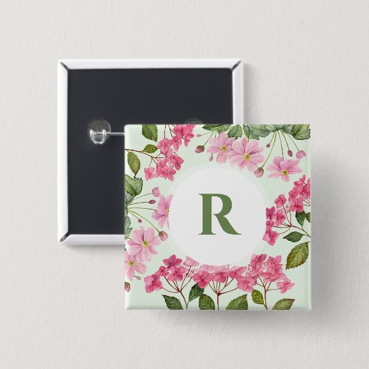 水彩ピンクアジサイとアネモ日本のネ 缶バッジ (正面&裏面)