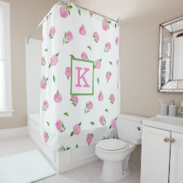 水彩ピンクアジサイ・モノグラム シャワーカーテン