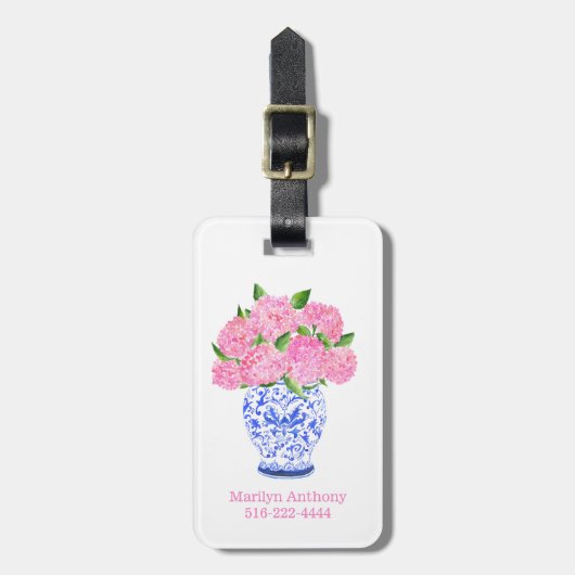 水彩ピンクアジサイChinoiserie名前番号 ラゲッジタグ (正面縦)