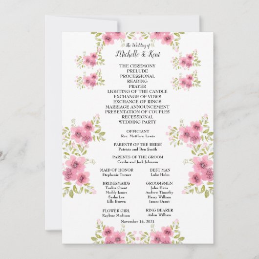 水彩ピンクアネモン結婚式 プログラム&メニュー (正面)