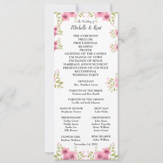 水彩ピンクアネモン結婚式 プログラム&メニュー 招待状 (正面)