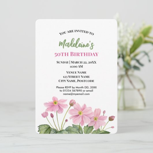 水彩ピンクア日本のネモン誕生日 招待状 (スタンド正面)