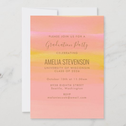 水彩ピンクイエローストライプズ卒業パーティー 招待状 (正面)