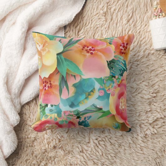 水彩ピンクイエローティール(緑がかった色)春フローラ クッション (ブランケット)