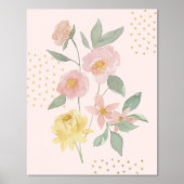 水彩ピンクイエローフローラ植物学水玉模様 箔ポスター (正面)