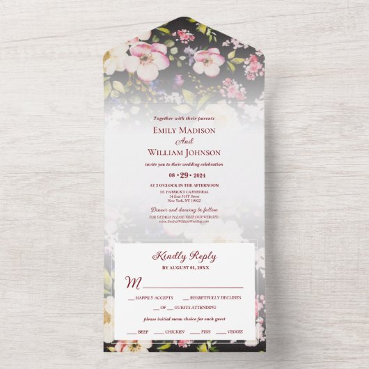 水彩ピンクイエローローズぼやけブラック結婚、s オールインワン招待状 (内側)