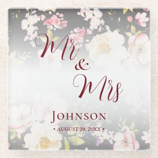 水彩ピンクイエローローズぼやけブラック結婚、s ガラスコースター (正面)