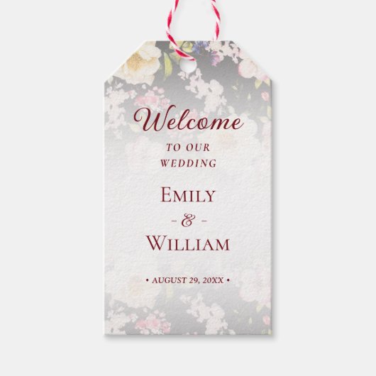 水彩ピンクイエローローズぼやけブラック結婚、s ギフトタグ (正面)