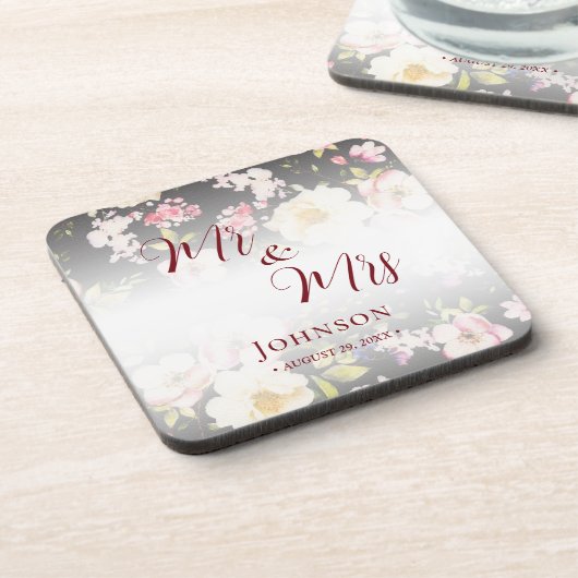 水彩ピンクイエローローズぼやけブラック結婚、s コースター (左側)