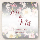 水彩ピンクイエローローズぼやけブラック結婚、s コースター (正面)