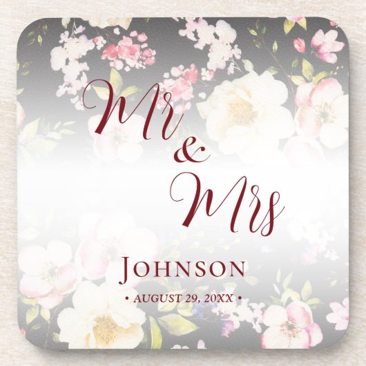 水彩ピンクイエローローズぼやけブラック結婚、s コースター (正面)