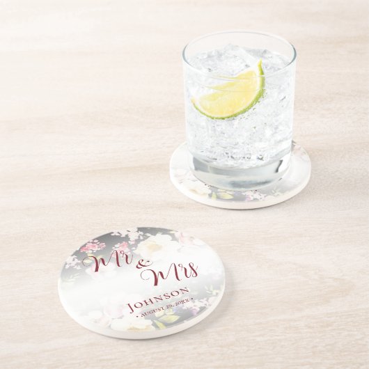 水彩ピンクイエローローズぼやけブラック結婚、s コースター (側面)