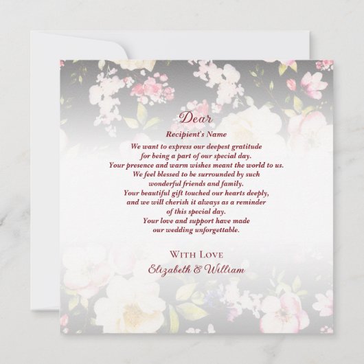 水彩ピンクイエローローズぼやけブラック結婚、s サンキューカード (裏面)