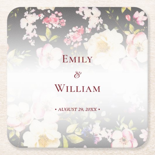 水彩ピンクイエローローズぼやけブラック結婚、s スクエアペーパーコースター (正面)