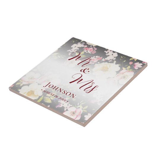 水彩ピンクイエローローズぼやけブラック結婚、s タイル (側面)