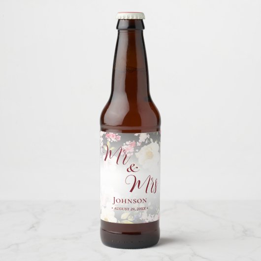 水彩ピンクイエローローズぼやけブラック結婚、s ビールラベル (正面)