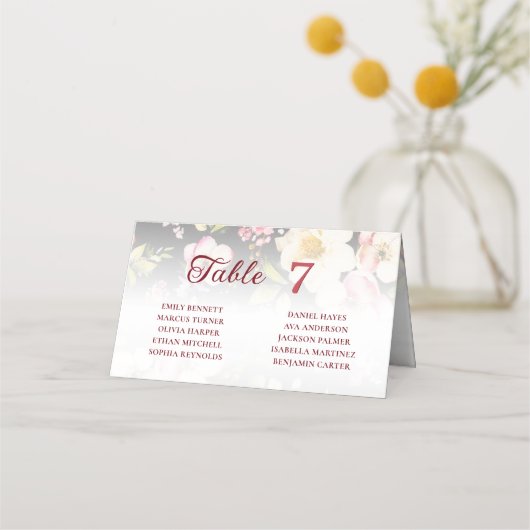 水彩ピンクイエローローズぼやけブラック結婚、s プレイスカード (正面)